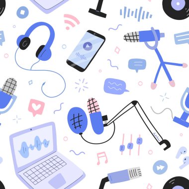 Podcast ve yayın şablonu, mikrofonları, kulaklıkları olan vektör kolajı, podcast gösterileri kaydetmek ve üretmek için bilgisayar programı, kusursuz süslemeler, el çizimi simgeler, sonsuz arkaplan