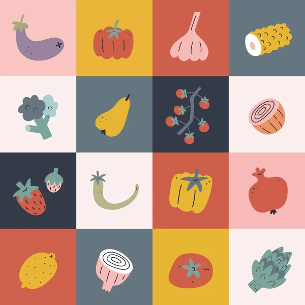 Élelmiszer pop art poszter, zöldség és gyümölcs kézzel rajzolt illusztráció, négyzet alakú blokkok bors, paradicsom, körte gyümölcsök, modern konyha nyomtatott dekoráció, műalkotás belsőépítészeti — Stock Vector