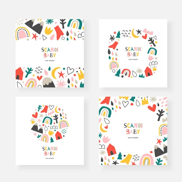 Coleção de cartões de bebê escandinavos, conjunto de quadros vetoriais, bordas e grinaldas com espaço de cópia, formas abstratas de doodle, design minimalista moderno, arco-íris desenhados à mão, nuvens e montanhas — Vetor de Stock