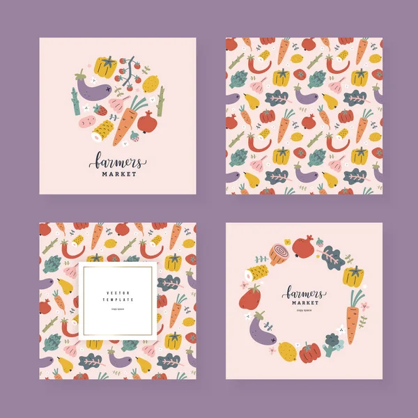 Conjunto de tarjetas de verduras, colección de plantillas vectoriales con ilustraciones de varias frutas y verduras, diseño para invitación, póster o etiqueta del mercado de agricultores, bordes vectoriales y marcos con espacio para copiar — Archivo Imágenes Vectoriales