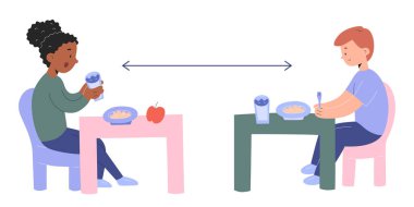 Anaokulunda yemek yiyen küçük çocuklar sosyal uzaklık ölçümleri ile ayrı masalarda oturuyorlar, anaokulunda öğle yemeği yiyen çocuklar, şirin çocuk karakterleri, vektör çizgi film çizimleri