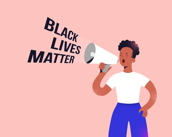 Vidas negras matéria manifestante, jovens mulheres afro-americanas de pé com alto-falante megafone e slogan gritando, lutando pelos direitos humanos e conceito de igualdade, personagem de desenho animado vetor —  Vetores de Stock