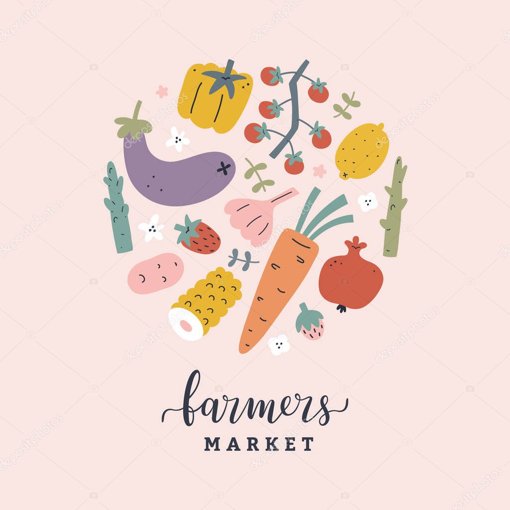 Vegetable poster, farmers market banner, hand drawn illustration with various fruits and vegetables collection, vector artwork with tomato, lemon, asparagus, decorative print for kitchen or food fair