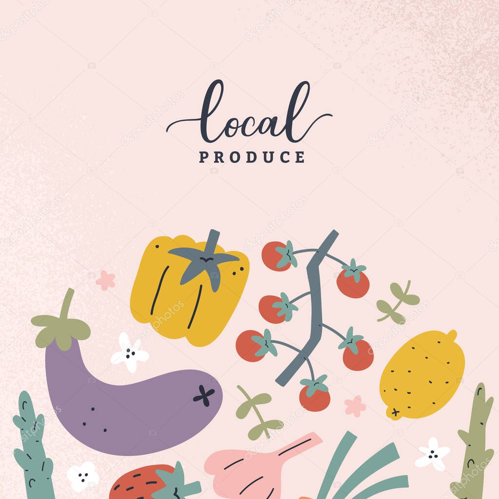 Vegetable template, farmers market or restaurant menu cover or banner, flat illustration with fruits, vegetables healthy foods, handdrawn artwork with tomato, asparagus, modern print for food fair