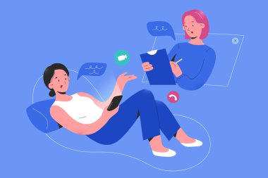 Çevrimiçi psikolog, akıllı telefon uygulaması video görüşmesi, psikoterapi hizmeti, çevrimiçi psikolojik yardım servisi, terapi seansı, düz vektör karikatür çizimi yoluyla bir kadın hastaya danışmanlık yapıyor.