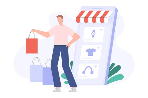 온라인 쇼핑 컨셉, 쇼핑 백 이있는 행복 한 고객 주문, 상품이 담긴 스마트폰 화면, 집에서 전자 쇼핑을 위한 온라인 스토어 앱, 평면 벡터 만화 일러스트. — 스톡 벡터