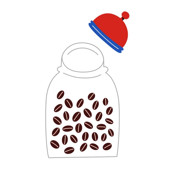 Frasco de vidro cheio de grãos de café torrados, utensílio de cozinha ou café, ilustração vetorial isolada — Vetor de Stock