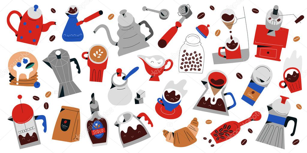 Big coffee set, hand drawn icons, tools, utensils for coffee drinks preparation and brewing, cups and mugs, pots and desserts, isolated objects, flat illustrations, doodle collection