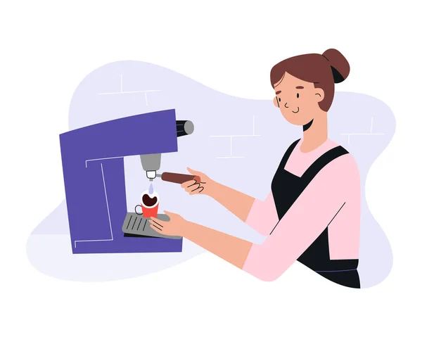 Жінка-бариста робить каву, готує еспресо стоячи перед професійною кавовою машиною, молода жінка працює в кав'ярні або кафе в фартусі, плоска векторна мультиплікаційна ілюстрація — стоковий вектор
