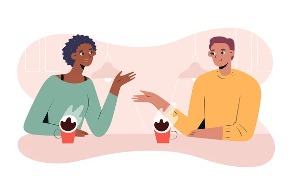 Interraciaal koppel dat samen koffie drinkt in café of coffeeshop, Afrikaanse vriendin en blank vriendje op date, elkaar gezelschap voorschrijven, stripfiguren, vectorillustratie. — Stockvector