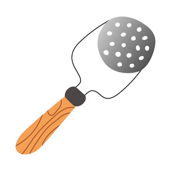 Rostfri potatismasher med trähandtag. hushåll utensil, isolerad vektor ikon på vit bakgrund, handritad tecknad illustration — Stock vektor