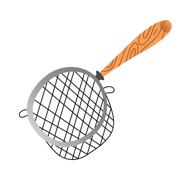 Strainer Sieve, metal mesh vintage strainer for rinsing food, household utensil, isolated vector icon on white background, doodle hand drawn cartoon illustration — Stock Vector