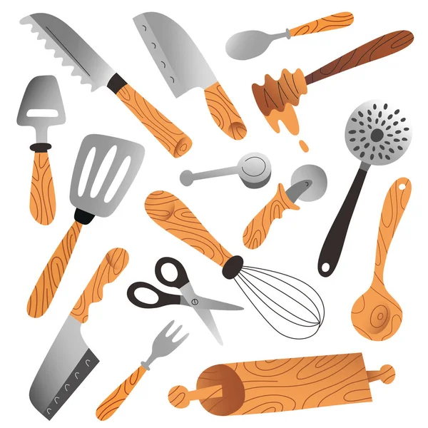 Keittiöesineiden kokoelma, eristetyt vektoripiirrokset, ruokailuvälineet, reikäkauhat ja veitset, taloustyökalut ja ruokailuvälineet, käsin piirretyt vektoripiirroskuvat — vektorikuva