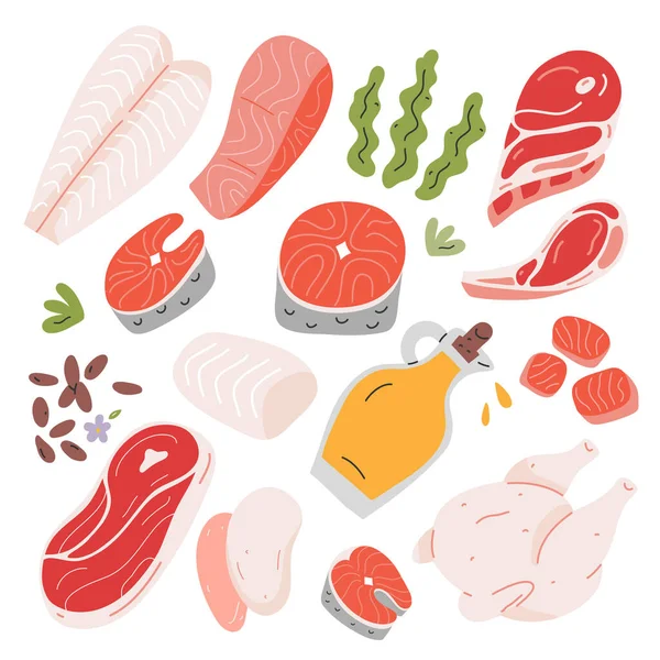 Főzés élelmiszer-összetevők, marha- és bárányhús, lazac és fehér hal filé nélkül steak, kézzel húzott vektor illusztráció, izolált ikonok, lenmag és növényi olaj — Stock Vector