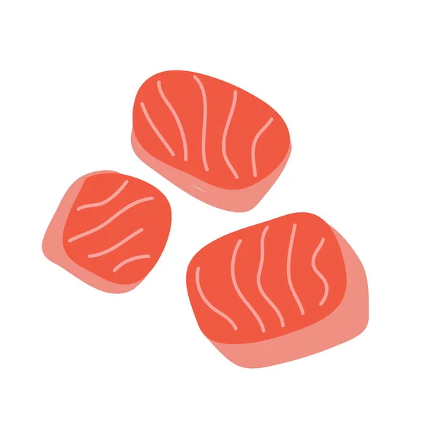 Zalmfilet in blokjes gesneden, met de hand getekende kunst, ongekookte sashimi roodbaars, illustratie geïsoleerd, verse rauwe vis, vectorkunst op witte achtergrond — Stockvector