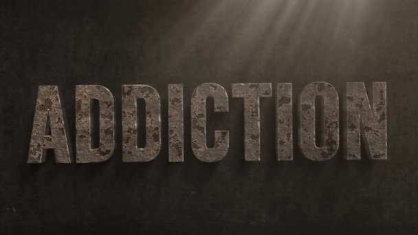 Ordet "Addiction" flyger i och är korroderade med rost. — Stockvideo