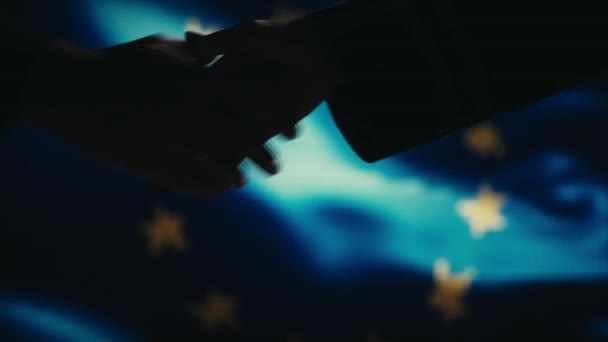 Handshake. Vícenásobná potřeba. Vlajka EU na pozadí LED. — Stock video