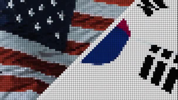 Рукопожатие Несколько Дублей Флаг Сша Кореи Светодиодном Фоне — стоковое видео