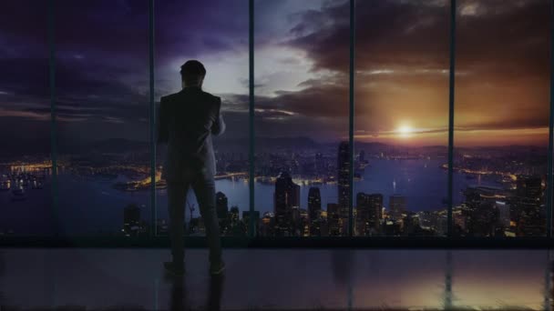 Silhouette Businessman Office Standing Front Big Window View Hong Kong — Stock Video