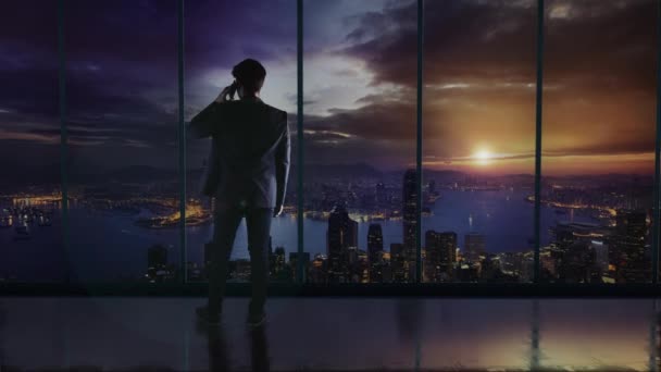 Silhouette Businessman Office Standing Front Big Window View Hong Kong — Stock Video