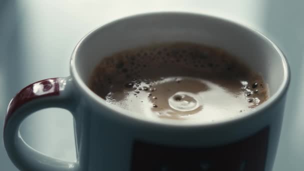 Drops Falling Cup Espresso Slow Motion — Stock Video