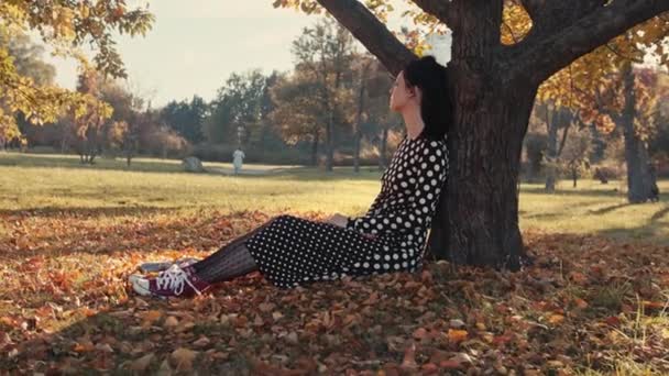 Mujer Inclinada Bajo Árbol Parque Otoño — Vídeo de stock