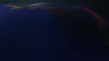 Kuzey Dakota Bayrağı ağır çekimde karanlık bir atmosferde dalgalanıyor. Sonsuz döngü.