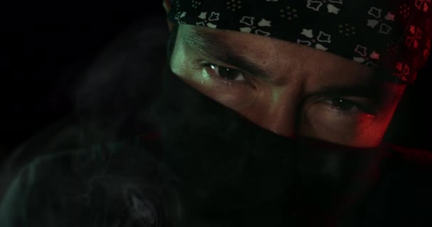 Masked Man Staring Camera Smoky Atmosphere — Stock Video