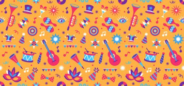 Kusursuz karnaval Purim deseni. Müzik aletleri, tatil malzemeleri, geleneksel aksesuarlar, maskeler, sarı arka planda parıltılar. Modern düz biçim tasarımı.