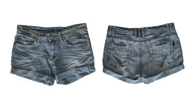 Beyaz arka planda izole edilmiş, kırpma yolu olan kadın için Denim şortları. ön ve arka görünüm
