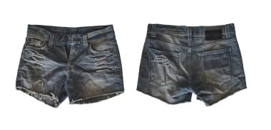 Beyaz arka planda izole edilmiş, kırpma yolu olan kadın için Denim şortları. ön ve arka görünüm