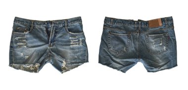 Beyaz arka planda izole edilmiş, kırpma yolu olan kadın için Denim şortları. ön ve arka görünüm