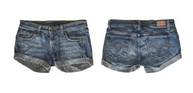 Beyaz arka planda izole edilmiş, kırpma yolu olan kadın için Denim şortları. ön ve arka görünüm