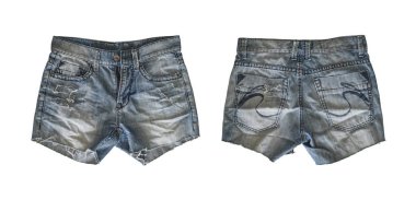 Beyaz arka planda izole edilmiş, kırpma yolu olan kadın için Denim şortları. ön ve arka görünüm