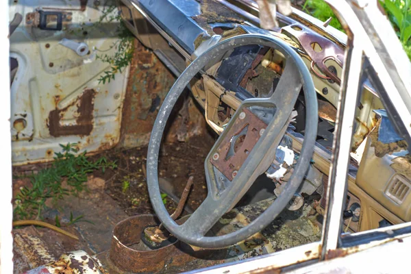 Interior Old Car Steering Wheel Dashboard Steering Wheel Old Rusted — Stock Photo, Image