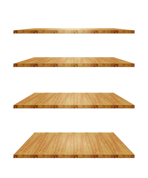 collection of brown wooden shelves on a white background that separates the objects. There are Clipping Paths for the designs and decoration