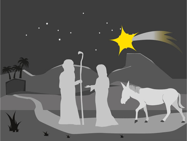 Иосиф и Мария в пути в поисках убежища для рождения Иисуса
