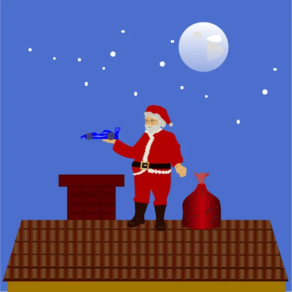 Santa Claus Techo Una Casa Entregando Regalos — Vector de stock