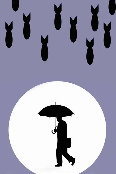 Βόμβες Που Πέφτουν Στον Επιχειρηματία Κρατώντας Μια Ομπρέλα — Φωτογραφία Αρχείου
