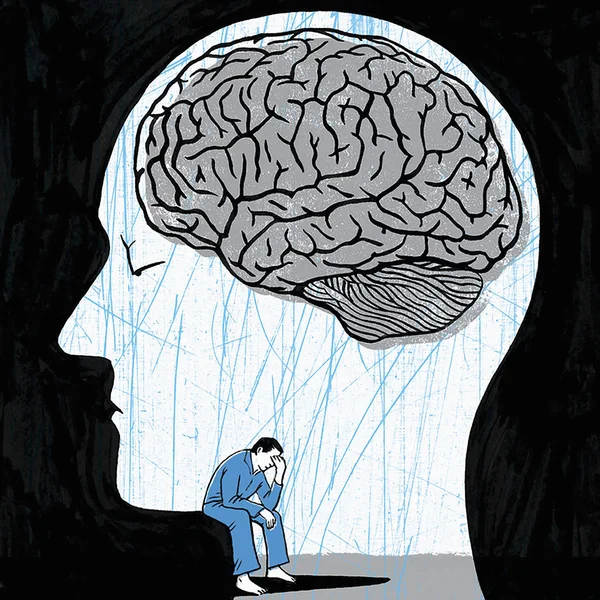 Депрессивный Человек Внутри Головы Мозгом — стоковое фото