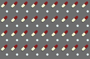 Gri arka planda kapsül hapları deseni. Tıbbi geçmiş. Tabletler ve haplar vektör seti izole vektör illüstrasyon. Üstte görüntü.