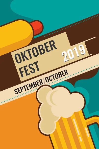 Simboli di festival di ottobre. Bicchiere pieno di birra con schiuma, hot dog e spighe di grano per la festa di ottobre, su sfondo giallo. Octoberfest Birra pub vector illustrazione . — Vettoriale Stock