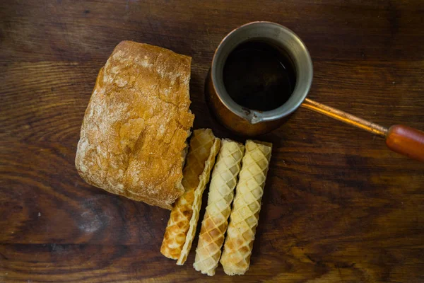 Los Ingredientes Panadería Pan Rollos Oblea Cezve Mesa Madera Dulce — Foto de Stock