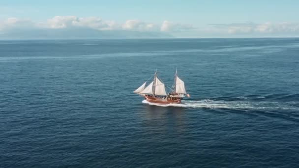 A lone sailboat with white sails glides over the waves on the open sea in clear weather with a favorable wind — Stock Video