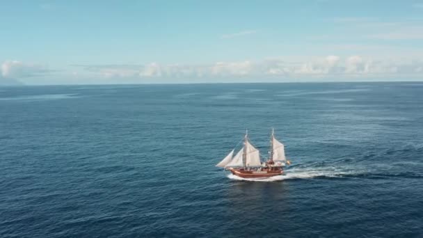 A lonely old pirate ship with white sails glides over the waves on the open sea in clear weather with a favorable wind — Stock Video