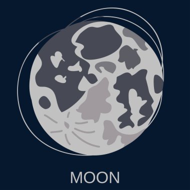 Ay. Dünya gezegeninin uydusu. Uzay nesnesi. Tasarım ve web için koyu mavi arkaplan üzerine vektör illüstrasyonu.