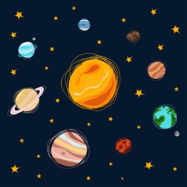 Güneş Sistemi 'nin gezegenleri ve çizgi film tarzında sarı yıldızlı mavi bir zemin üzerinde Güneş. Tasarım ve web için koyu mavi arkaplan üzerine vektör illüstrasyonu.