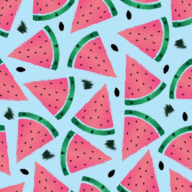 Kusursuz karpuz arka planı. Çekirdekli sulu karpuz dilimleri. Mavi arkaplanda tasarım ve web için izole edilmiş vektör illüstrasyonu.