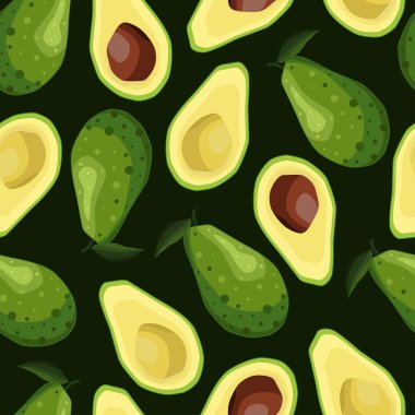 Kusursuz avokado arka planı. Koyu yeşil arka planda yaprak ve yarım yamalak bir avokado. Sağlıklı ve lezzetli yemekler. Tasarım ve web için izole edilmiş vektör illüstrasyonu.