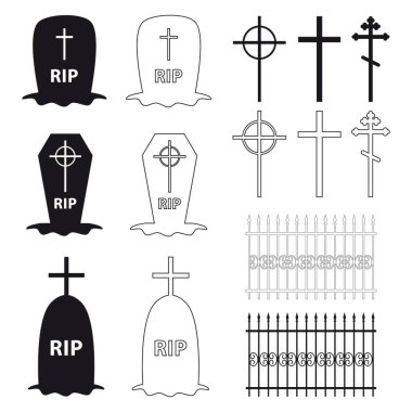  Cadılar Bayramı için ikonlar. Mezarlık: çitler, haçlar, mezar taşları. Düz stil ve özet olarak beyaz arkaplanda izole edildi.